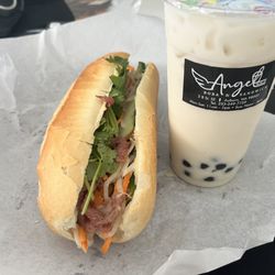 Angel Boba & Sandwich - Bbq pork banh mi and Jasmine Green Milk Tea