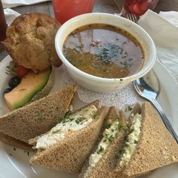 Tea sandwiches, chicken vegetable soup and mango muffin Tea sandwiches, chicken vegetable soup and mango muffin