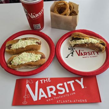 The Varsity - The Varsity in Kennesaw, Georgia. Slawdog, Chili Cheese Slawdog, Onion Rings, and a nice cold unsweet tea. - Hot Dogs Near Me - Kennesaw, Georgia