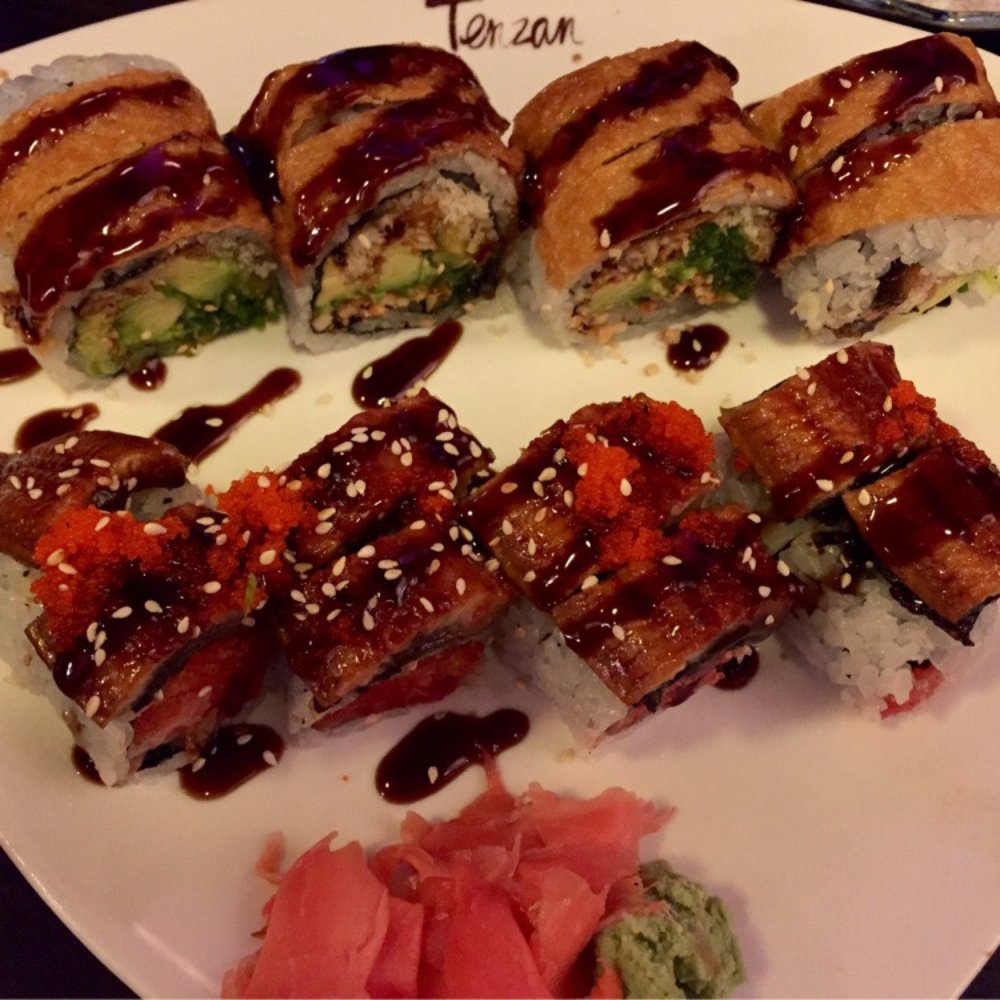 Tenzan - Sunset roll (top) and dancing dragon eel roll - Japanese Near Me - Brooklyn, New York Tenzan - Sunset roll (top) and dancing dragon eel roll - Japanese Near Me - Brooklyn, New York
