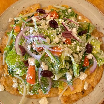 Three's Bar & Grill - Hummus flatbread w/Greek salad on top, loved it!! - Asian Fusion Near Me - Kihei, Hawaii Three's Bar & Grill - Hummus flatbread w/Greek salad on top, loved it!! - Asian Fusion Near Me - Kihei, Hawaii