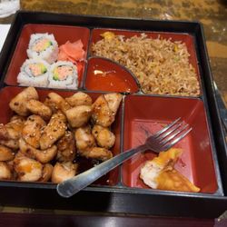 Wasabi - Chicken teriyaki bento, fried rice, spicy crab sushi, mariposa