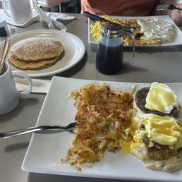 Country Eggs Benedict, Country Fried Steak, and Pancakes