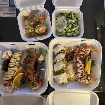 Kaze Sushi - From left to right: Kaze roll, then Tuna DLT roll, Protein roll, Hot night roll. crispy rice spicy tuna (top left), sonomono (right) - Sushi Bars Near Me - Lancaster, California Kaze Sushi - From left to right: Kaze roll, then Tuna DLT roll, Protein roll, Hot night roll. crispy rice spicy tuna (top left), sonomono (right) - Sushi Bars Near Me - Lancaster, California