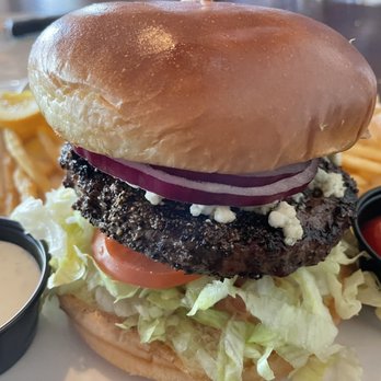 Oakside - The Black & Bleu Burger with blue cheese with fries - really delicious and enough to share - Seafood Near Me - Big Bear Lake, California Oakside - The Black & Bleu Burger with blue cheese with fries - really delicious and enough to share - Seafood Near Me - Big Bear Lake, California