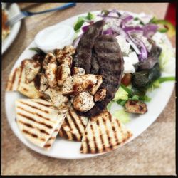 Dietz Stadium Diner - Souvlaki combo platter (gyro & chicken souvlaki with fries, Greek salad, and toasted pita bread)