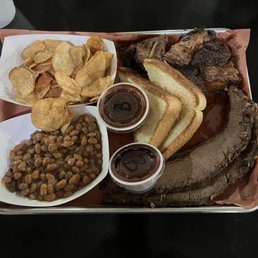 2 Meat Plate (Brisket and Burnt Ends) with House Fried Chips and Smoked Beans