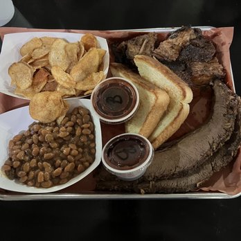 Heavy Smoke BBQ - 2 Meat Plate (Brisket and Burnt Ends) with House Fried Chips and Smoked Beans - Barbeque Near Me - O'Fallon, Missouri