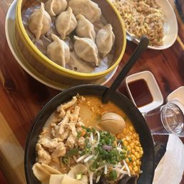 Chicken Ramen, Vegetable and pork steamed dumplings, and chicken fried rice