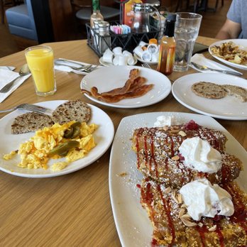 Broken Yolk Cafe - Crunchy French Toast, scrabbled eggs with cheese and jalapeños, side of turkey sausage and a side of bacon... - American Near Me - Temecula, California Broken Yolk Cafe - Crunchy French Toast, scrabbled eggs with cheese and jalapeños, side of turkey sausage and a side of bacon... - American Near Me - Temecula, California