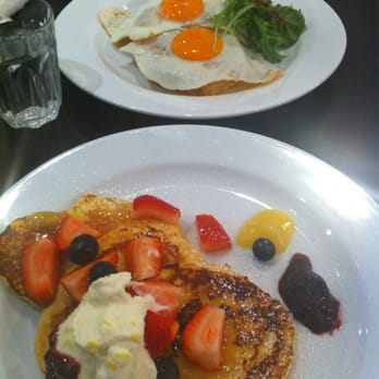 65 Degrees Cafe - Ricotta hotcakes ($14.50), and good value fried eggs & toast ($8) (both 3 stars, a-ok) - Coffee & Tea Near Me - Melbourne, VIC