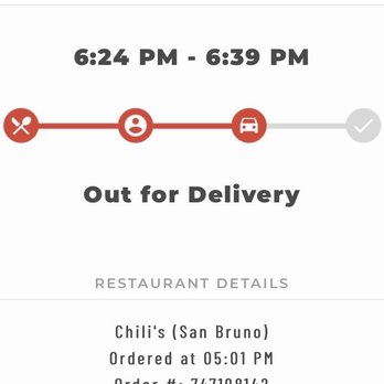 Chili's - Really 1:40 it's just across the street! How many times you going to push this order back? This chili's has to be the worst - American Near Me - San Bruno, California