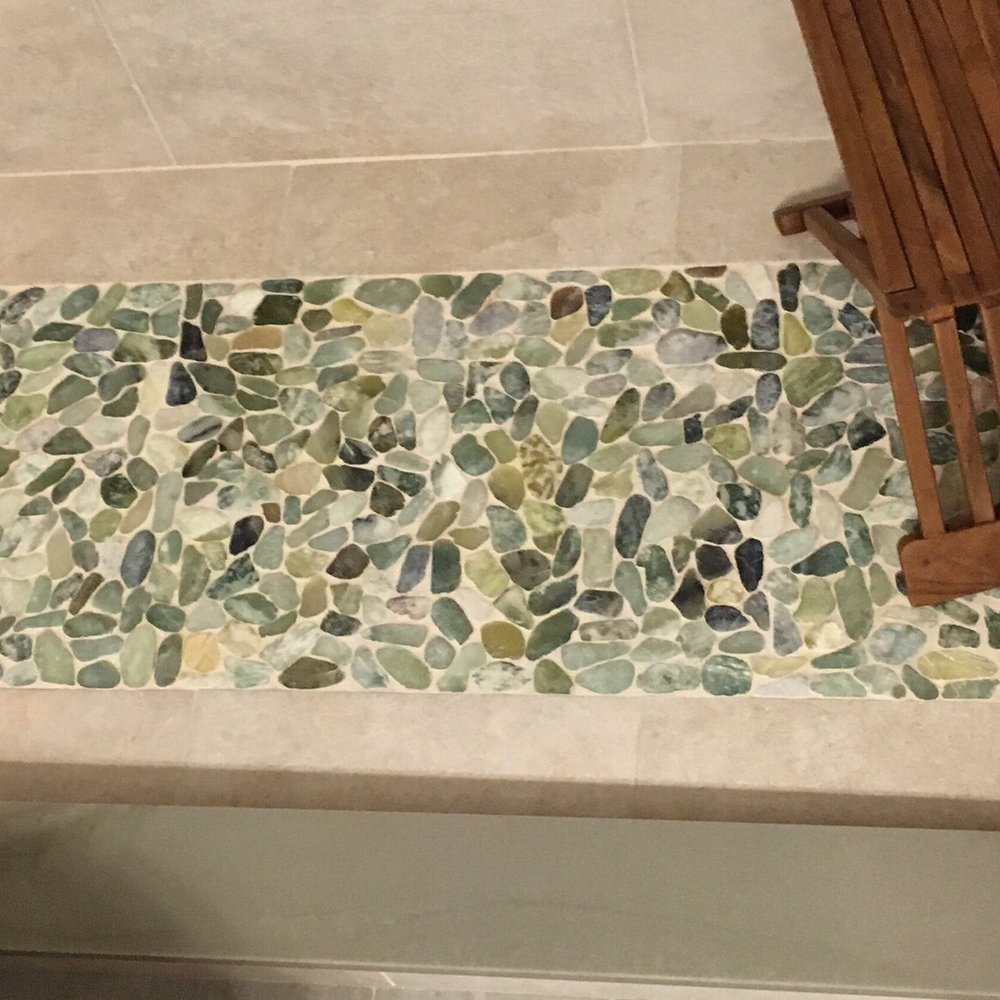 Toro Construction - Green pebble shower floor with hidden drain! - Flooring Near Me - Santa Barbara, California Toro Construction - Green pebble shower floor with hidden drain! - Flooring Near Me - Santa Barbara, California