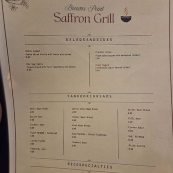 Browns Point Saffron Grill - Salads and side, tandoori breads and rice specialties menu - Indian Near Me - Tacoma, Washington