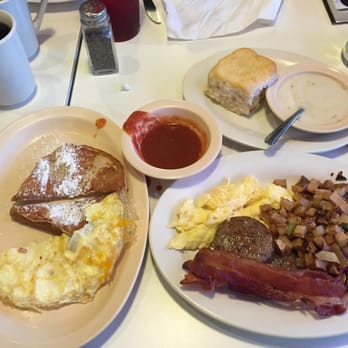 Elk's Diner - Breakfast sampler - 2 eggs bacon, sausage, home fries, French toast, biscuit & gravy $7.49 (plus half my sons omelette) - Diners Near Me - Burleson, Texas
