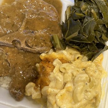 Messi Soul Kitchen - Smothered Pork Chop, Mac n Cheese & Greens - Soul Food Near Me - Riverside, California Messi Soul Kitchen - Smothered Pork Chop, Mac n Cheese & Greens - Soul Food Near Me - Riverside, California