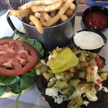 Burger Tavern 77 - Greek burger + fries + Bloody Mary - Burgers Near Me - Columbia, South Carolina