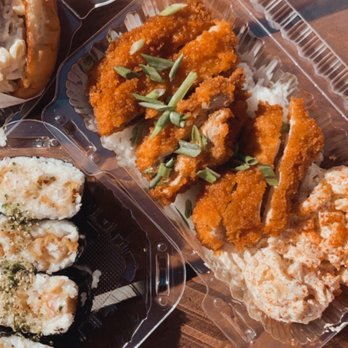 Shootz - right: kimchi katsu plate with macaroni salad (wish they had katsu sauce) bottom: Honey Coconut Shrimp Musubi (little too sweet) - Hawaiian Near Me - Stanton, California Shootz - right: kimchi katsu plate with macaroni salad (wish they had katsu sauce) bottom: Honey Coconut Shrimp Musubi (little too sweet) - Hawaiian Near Me - Stanton, California