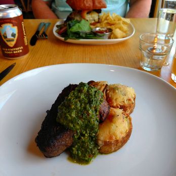 Forage Bistro & Lounge - Filet mignon with twice baked potatoes, oyster mushrooms and chimichurri - New American Near Me - Driggs, Idaho