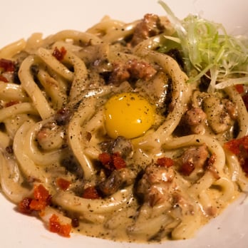Inspire Restaurant - Udon Carbonara ($19) - spicy italian sausage, braised beef, mushrooms, and a quail egg. a MUST ORDER at Inspire! - Asian Fusion Near Me - Markham, Ontario Inspire Restaurant - Udon Carbonara ($19) - spicy italian sausage, braised beef, mushrooms, and a quail egg. a MUST ORDER at Inspire! - Asian Fusion Near Me - Markham, Ontario