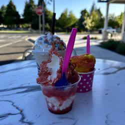 Twin Creeks Ice Cream - Fruity pebble shake, Waikiki sorbet strawberry sundae.