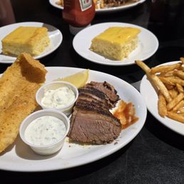 2 meat platter, catfish and brisket with fries and corn bread. 2 meat platter, catfish and brisket with fries and corn bread.