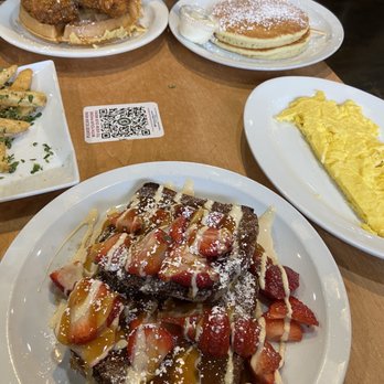 Brownstone Pancake Factory - Churro French Toast, side of eggs, Old Fashioned Buttermilk Pancakes and Fried Chicken and Waffle - Breakfast & Brunch Near Me - Edgewater, New Jersey Brownstone Pancake Factory - Churro French Toast, side of eggs, Old Fashioned Buttermilk Pancakes and Fried Chicken and Waffle - Breakfast & Brunch Near Me - Edgewater, New Jersey