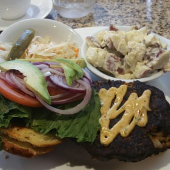 Flying Pig Cafe - Veggie burger and red skins potato salad. - Breakfast & Brunch Near Me - Miller Place, New York Flying Pig Cafe - Veggie burger and red skins potato salad. - Breakfast & Brunch Near Me - Miller Place, New York
