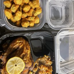 Baked Lemon Pepper Leg Quarter Dinner with Fried Okra and Candied Yams Baked Lemon Pepper Leg Quarter Dinner with Fried Okra and Candied Yams