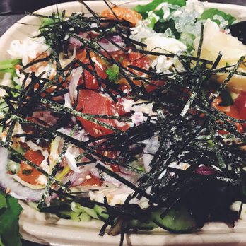 Poke Bistro - 2 scoops Hawaiian salmon + 1 tuna over half rice + greens and almost all the toppings - Seafood Near Me - Riverside, California