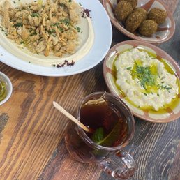 Hummus with chicken, Small Mussbha and falafel with Hot Tea