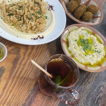 Hashem Restaurant - Hummus with chicken, Small Mussbha and falafel with Hot Tea - Middle Eastern Near Me - Orland Park, Illinois