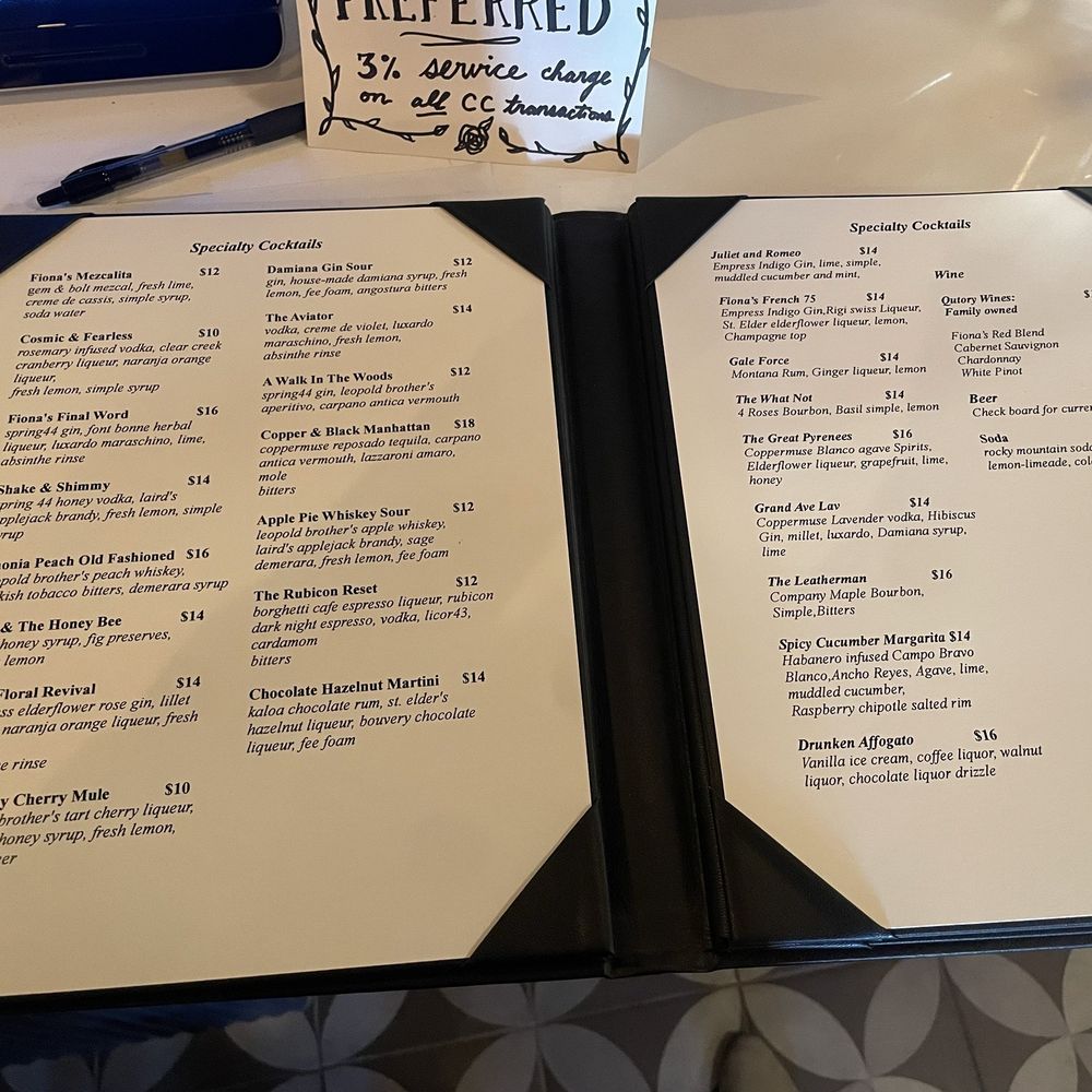 Fiona's Bartique - Cocktail menu (they have other drinks too) - Lounges Near Me - Paonia, Colorado
