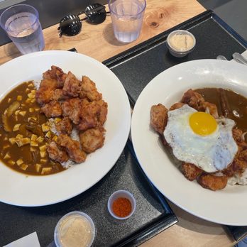 Demiya - left: karaage curry with soft tofu and eggplant right: karaage curry with fried egg and eggplant - Japanese Curry Near Me - San Jose, California Demiya - left: karaage curry with soft tofu and eggplant right: karaage curry with fried egg and eggplant - Japanese Curry Near Me - San Jose, California