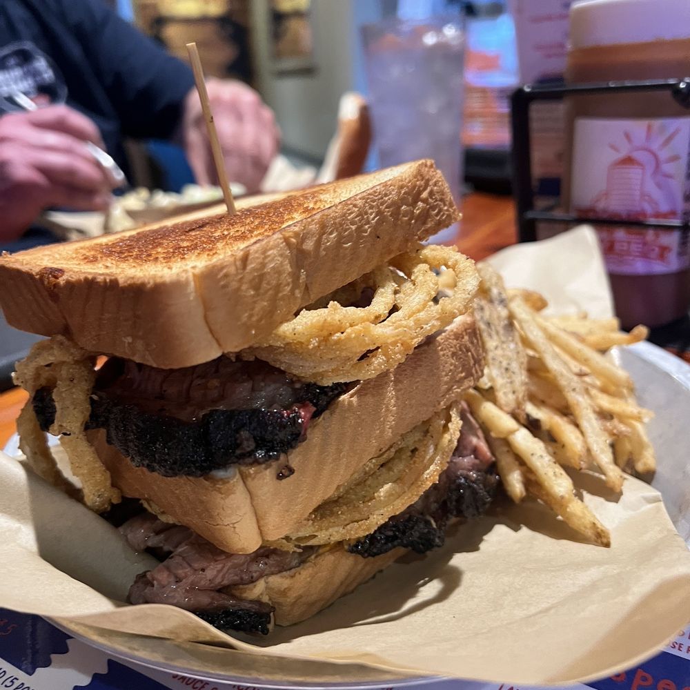 Triplets BBQ - Brisket Melt with shoestring fries. - Barbeque Near Me - Cadiz, Kentucky Triplets BBQ - Brisket Melt with shoestring fries. - Barbeque Near Me - Cadiz, Kentucky