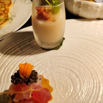 Mugen - Poke and caviar (front) with taro vichyssoise (back) - New American Near Me - Honolulu, Hawaii