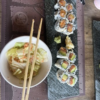 Mori Sushi - Salad, salmon avocado roll, and spicy tuna roll featured here. - Sushi Bars Near Me - Indianapolis, Indiana Mori Sushi - Salad, salmon avocado roll, and spicy tuna roll featured here. - Sushi Bars Near Me - Indianapolis, Indiana