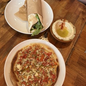 Open Sesame - Yassmina vg Pizza, and the Falafel vn Pita Sandwich lunch special with hummus for the side. - Mediterranean Near Me - Long Beach, California Open Sesame - Yassmina vg Pizza, and the Falafel vn Pita Sandwich lunch special with hummus for the side. - Mediterranean Near Me - Long Beach, California