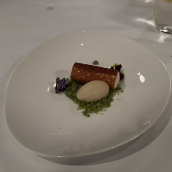 Toqué - My fav dish of the day - sweet cheese, camomile sorbet, almond powder - Canadian (New) Near Me - Montreal, Quebec
