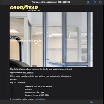 Goodyear Auto Service - See for yourself 9:00 appointment - Tires Near Me - Navarre, Florida Goodyear Auto Service - See for yourself 9:00 appointment - Tires Near Me - Navarre, Florida