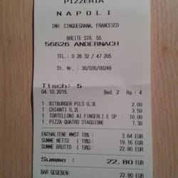 Napoli - Die Rechnung vom heutigen Besuch am 04. Oktober 2015