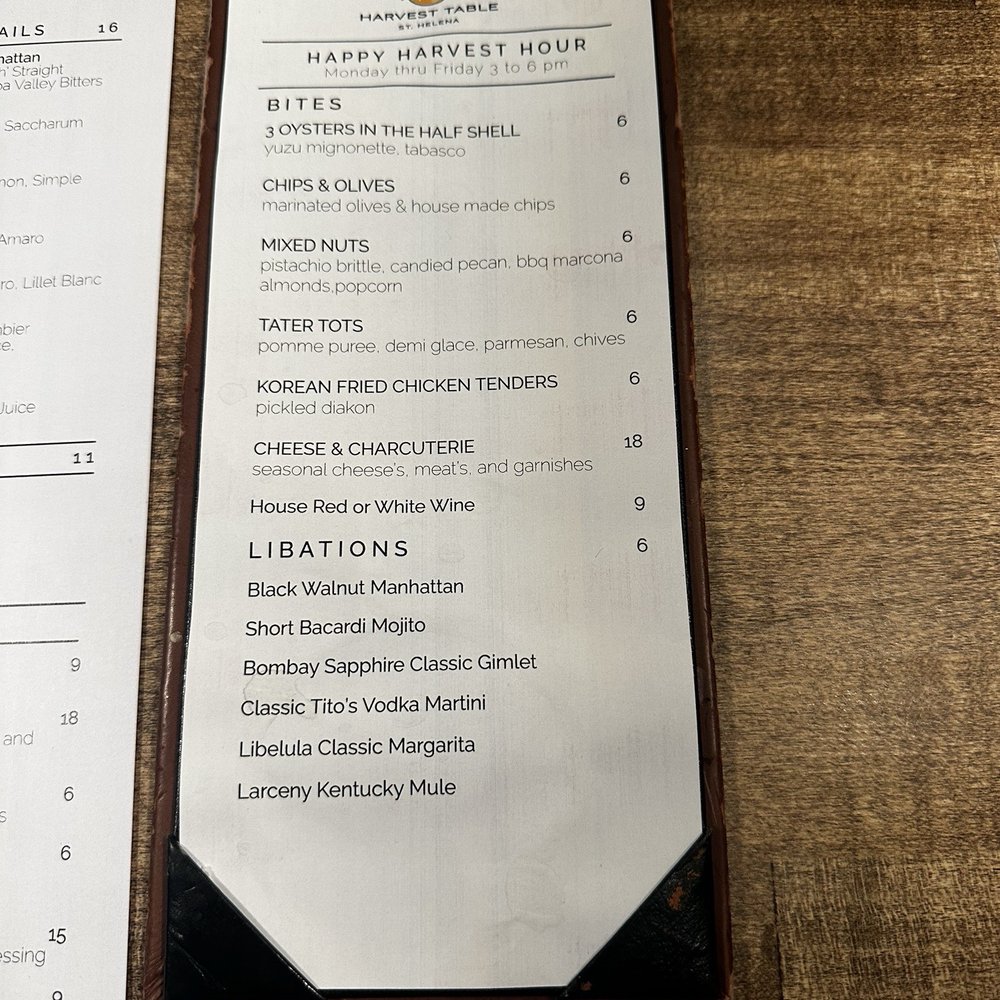 Harvest Table - Happy Hour Menu - New American Near Me - St Helena, California