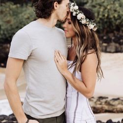 Petite Maui - Rose Lei Po'o, cream colored roses combined with Eucalyptus greens. Made up this beautiful Crown for a photo shoot to remember.