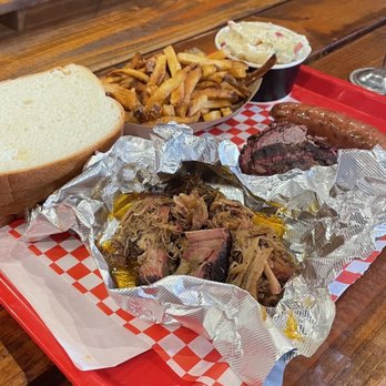 Big B's Texas BBQ - 3 Meat Plate Brisket Pulled Pork Hot Links Potato Salad French Fries - Barbeque Near Me - Henderson, Nevada Big B's Texas BBQ - 3 Meat Plate Brisket Pulled Pork Hot Links Potato Salad French Fries - Barbeque Near Me - Henderson, Nevada