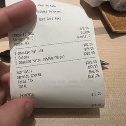 The bill. Service charge seems ok, as they don't ask for tip. Matsu is the highest tier menu, added one cocktail and sake pairing The bill. Service charge seems ok, as they don't ask for tip. Matsu is the highest tier menu, added one cocktail and sake pairing