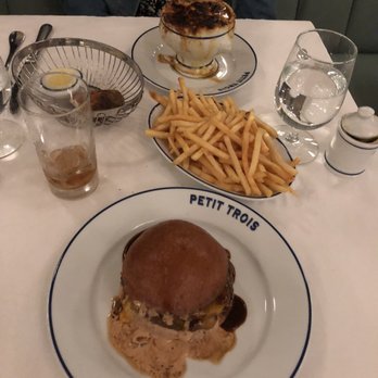 Petit Trois - Big Mec Double Cheeseburger (A+), French fries (C), and French onion soup (B+) - French Near Me - Sherman Oaks, California