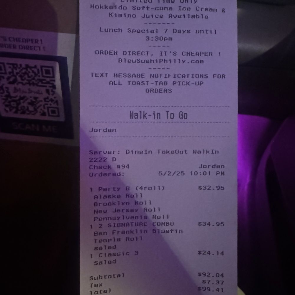 Bleu Sushi - Receipt - Sushi Bars Near Me - Philadelphia, Pennsylvania Bleu Sushi - Receipt - Sushi Bars Near Me - Philadelphia, Pennsylvania