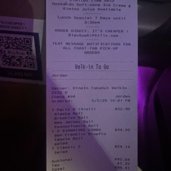 Bleu Sushi - Receipt - Sushi Bars Near Me - Philadelphia, Pennsylvania
