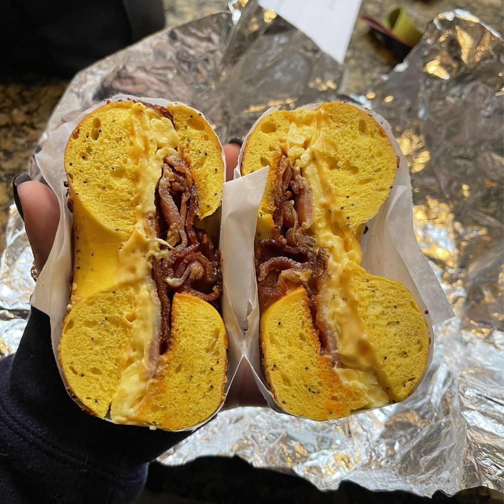 Bacon, egg and cheese on an egg onion