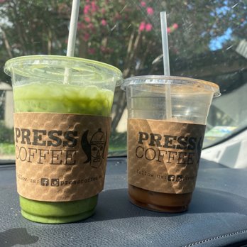 PRESS Coffee - Pineapple matcha and espresso over ice with white chocolate and splash of oat milk - Coffee & Tea Near Me - San Antonio, Texas